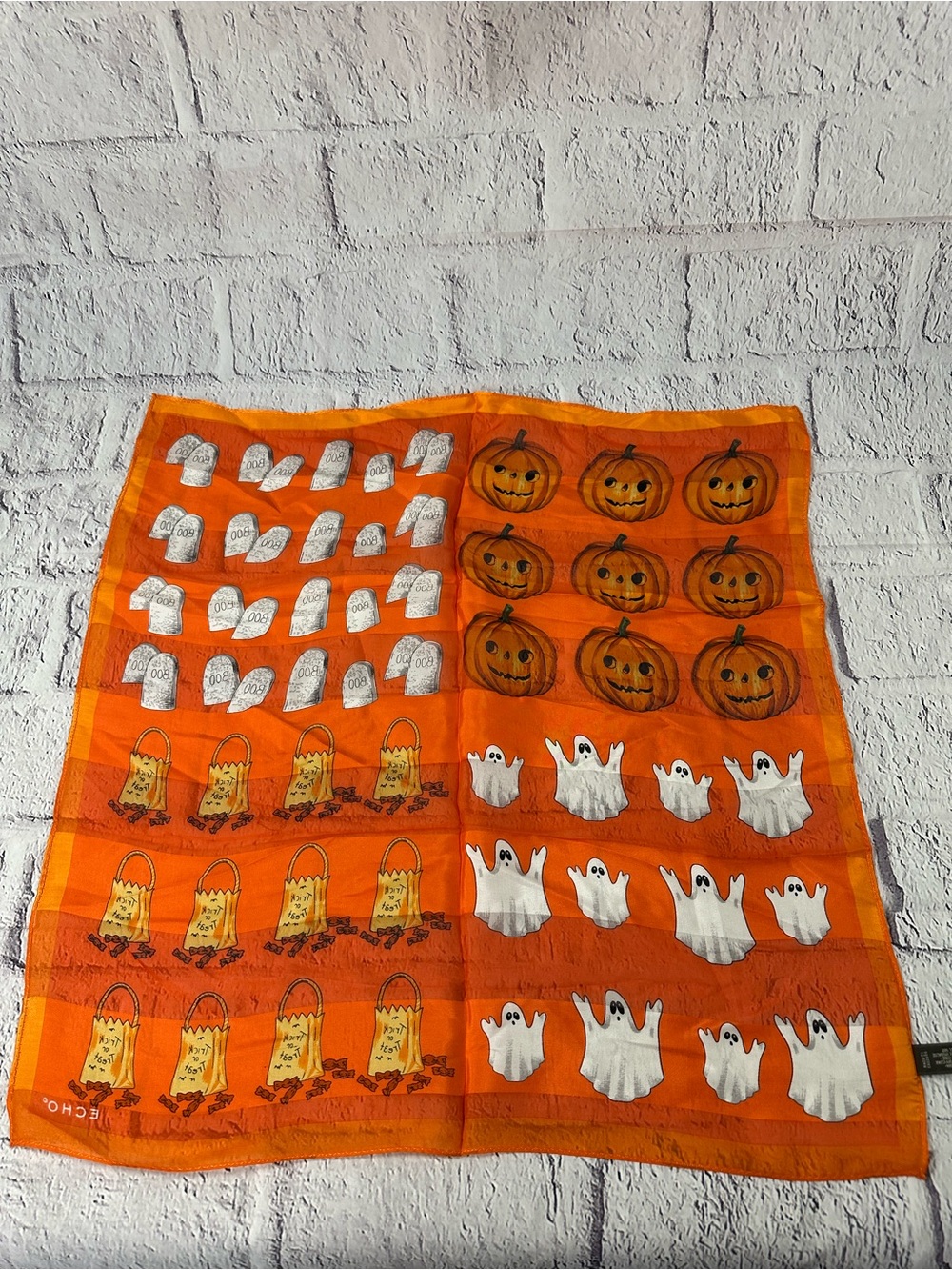 ECHO Halloween Women’s Accessory Bandana Orange Pumpkin & Ghost Print 100% Silk